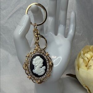 Gold Cameo Keychain & Bag Charm with Black and White Resin Portrait
